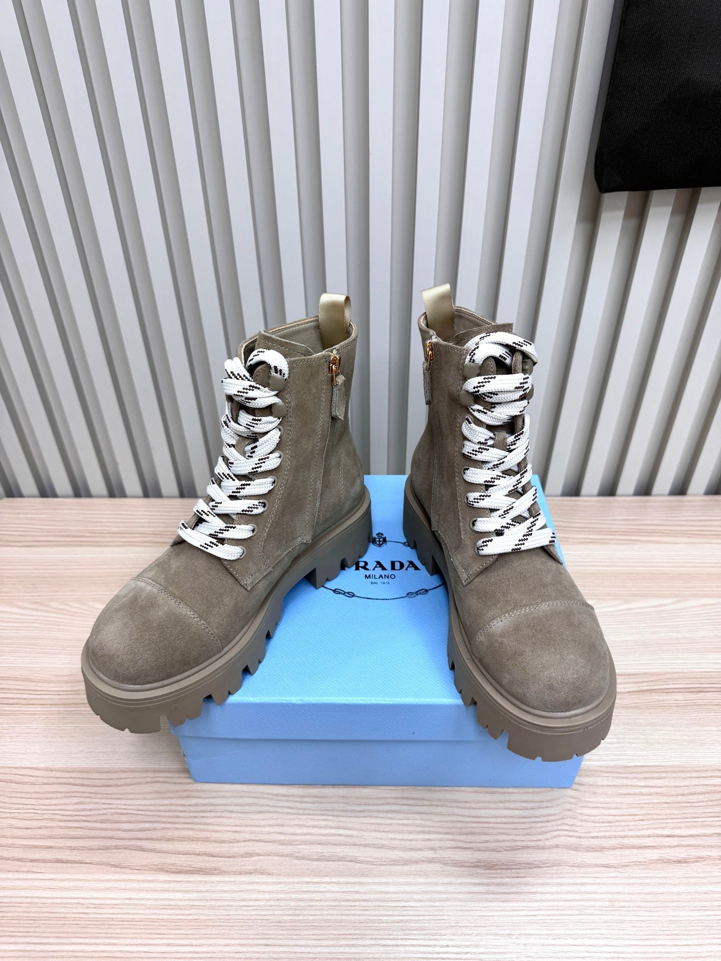 PRADA 25S MONOLITH BOOTS IN MUTED KHAKI BROWN SUEDE - 35
