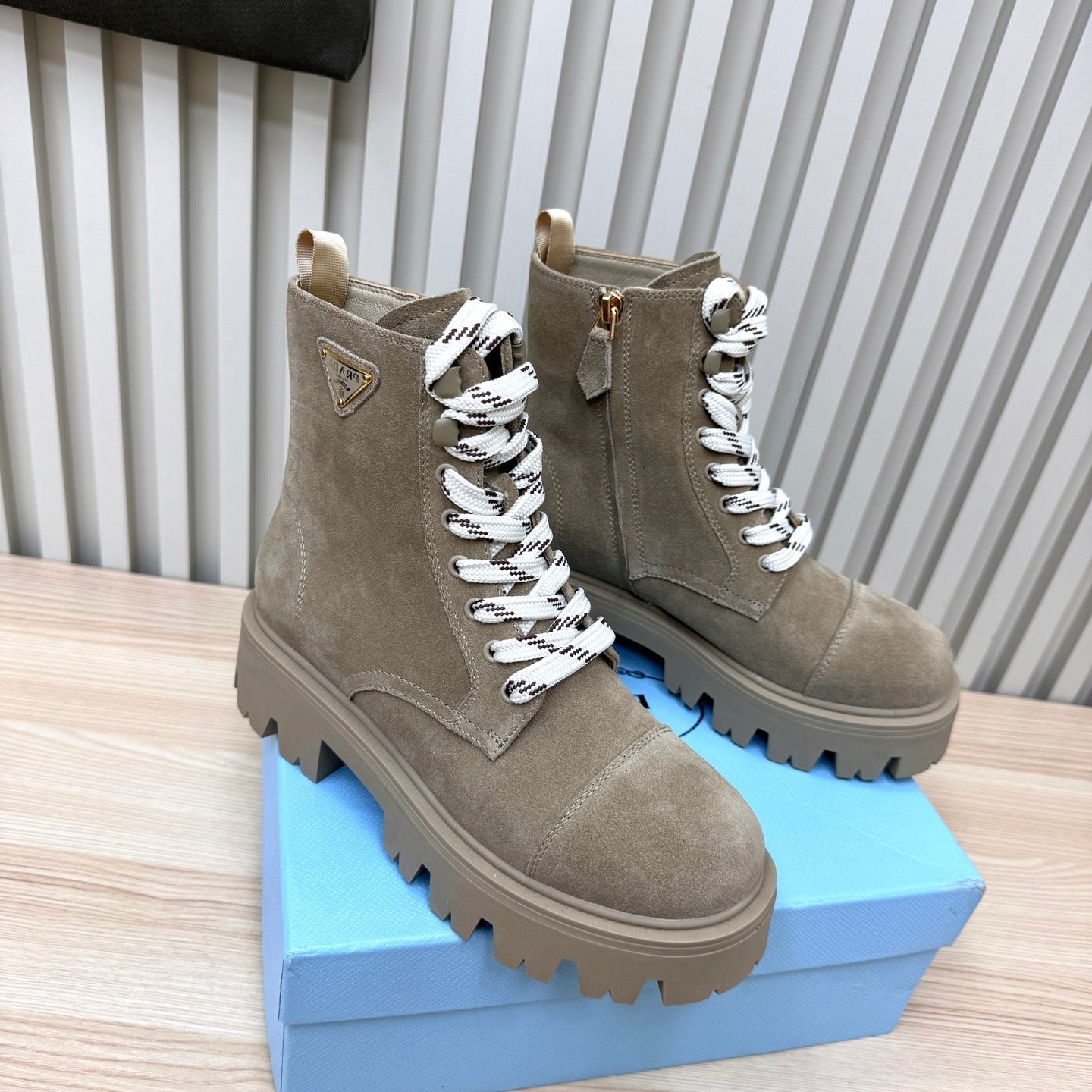 PRADA 25S MONOLITH BOOTS IN MUTED KHAKI BROWN SUEDE - 35