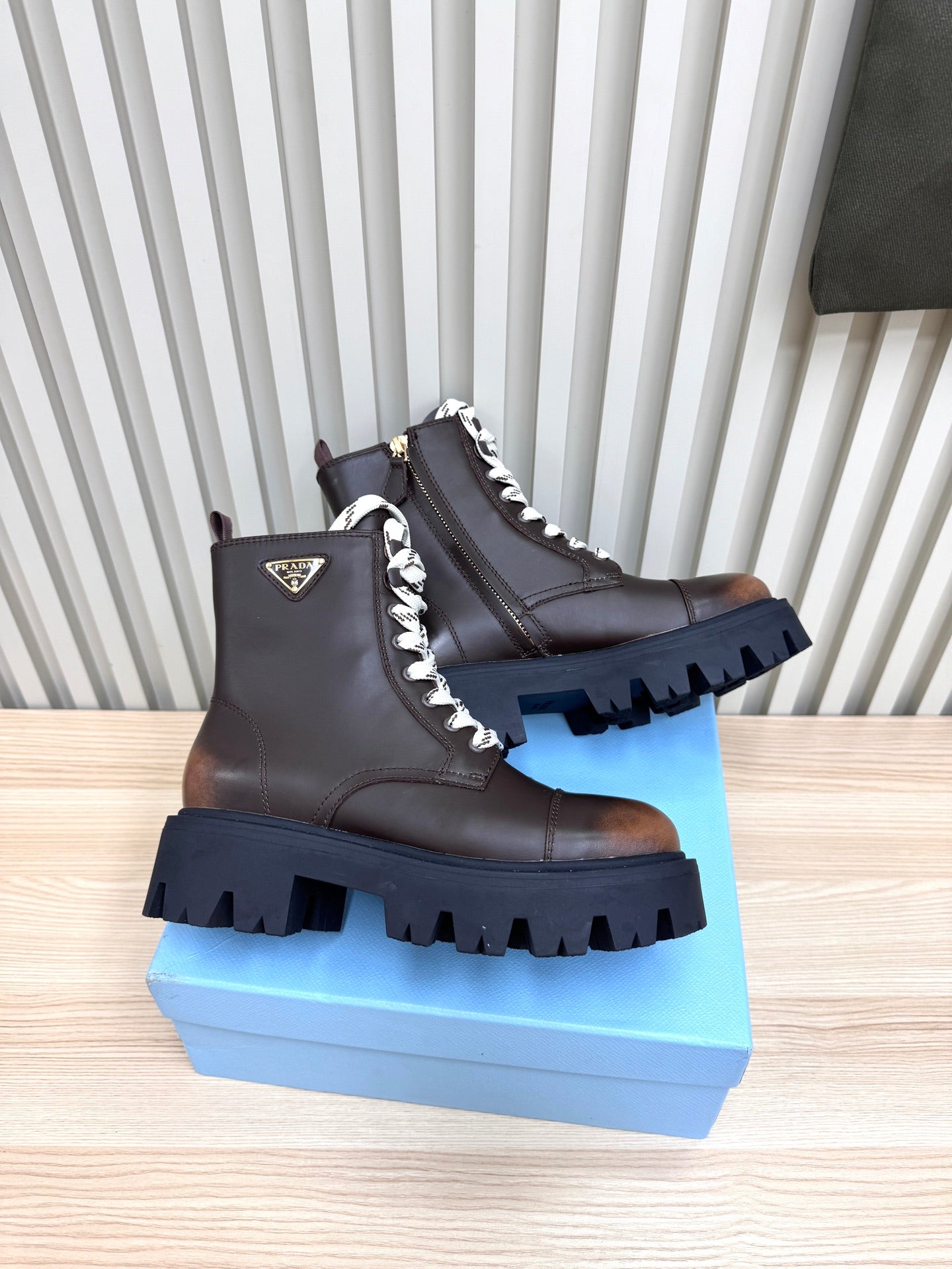 PRADA 25S MONOLITH BOOTS IN DARK BROWN CALFSKIN - 35