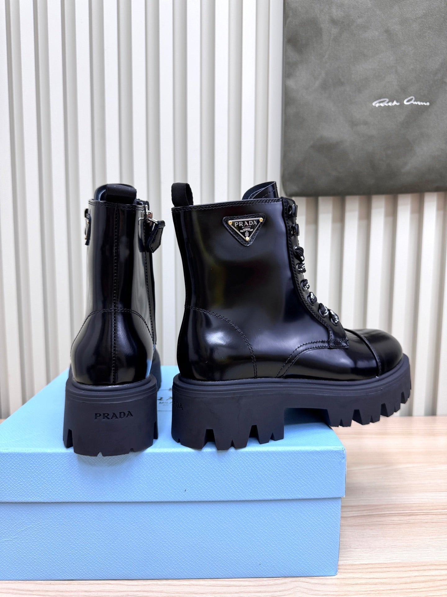 PRADA 25S MONOLITH BOOTS IN BLACK GLOSSY CALFSKIN - 35
