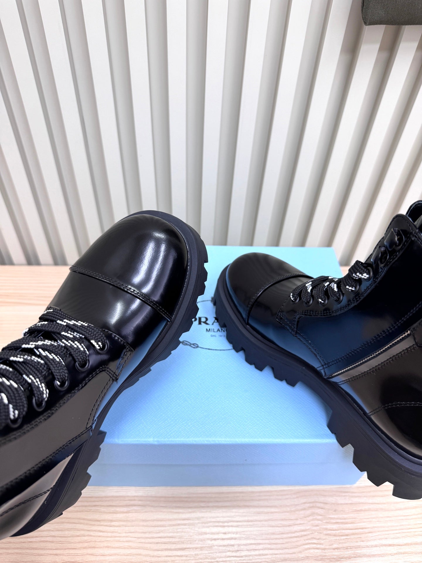 PRADA 25S MONOLITH BOOTS IN BLACK GLOSSY CALFSKIN - 35