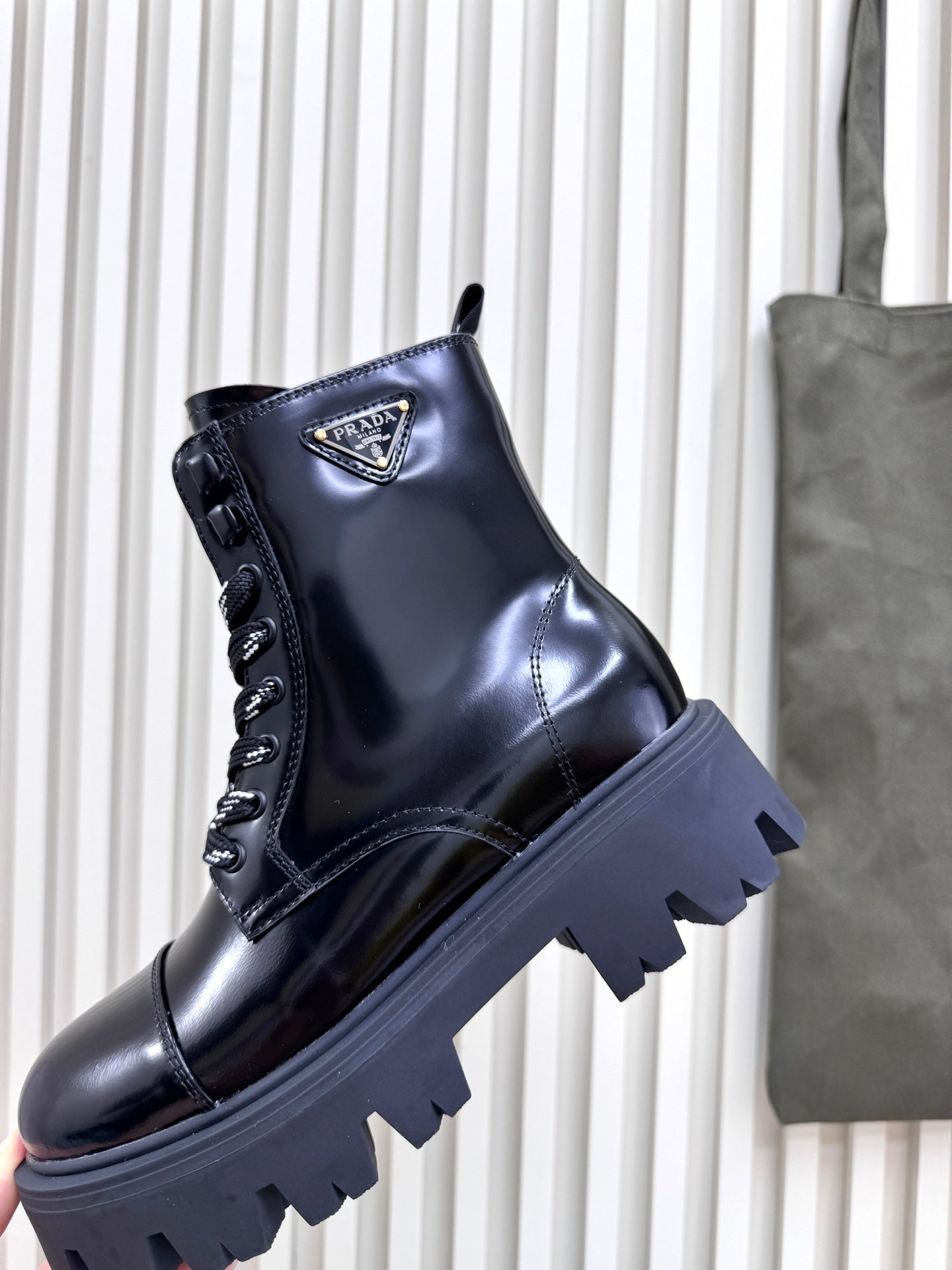 PRADA 25S MONOLITH BOOTS IN BLACK GLOSSY CALFSKIN - 35
