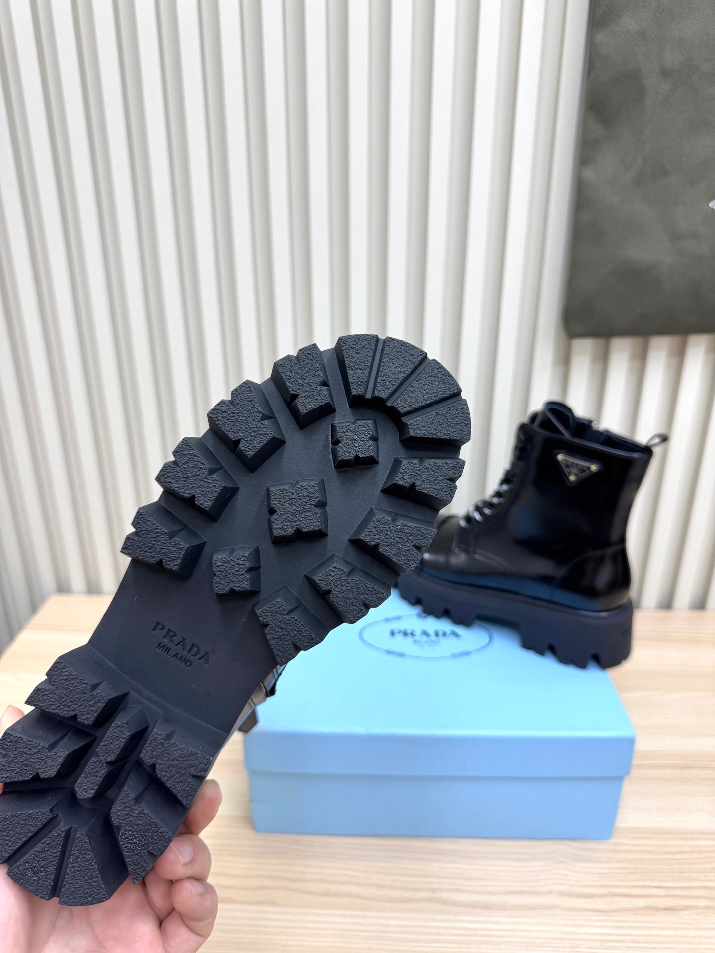 PRADA 25S MONOLITH BOOTS IN BLACK GLOSSY CALFSKIN - 35