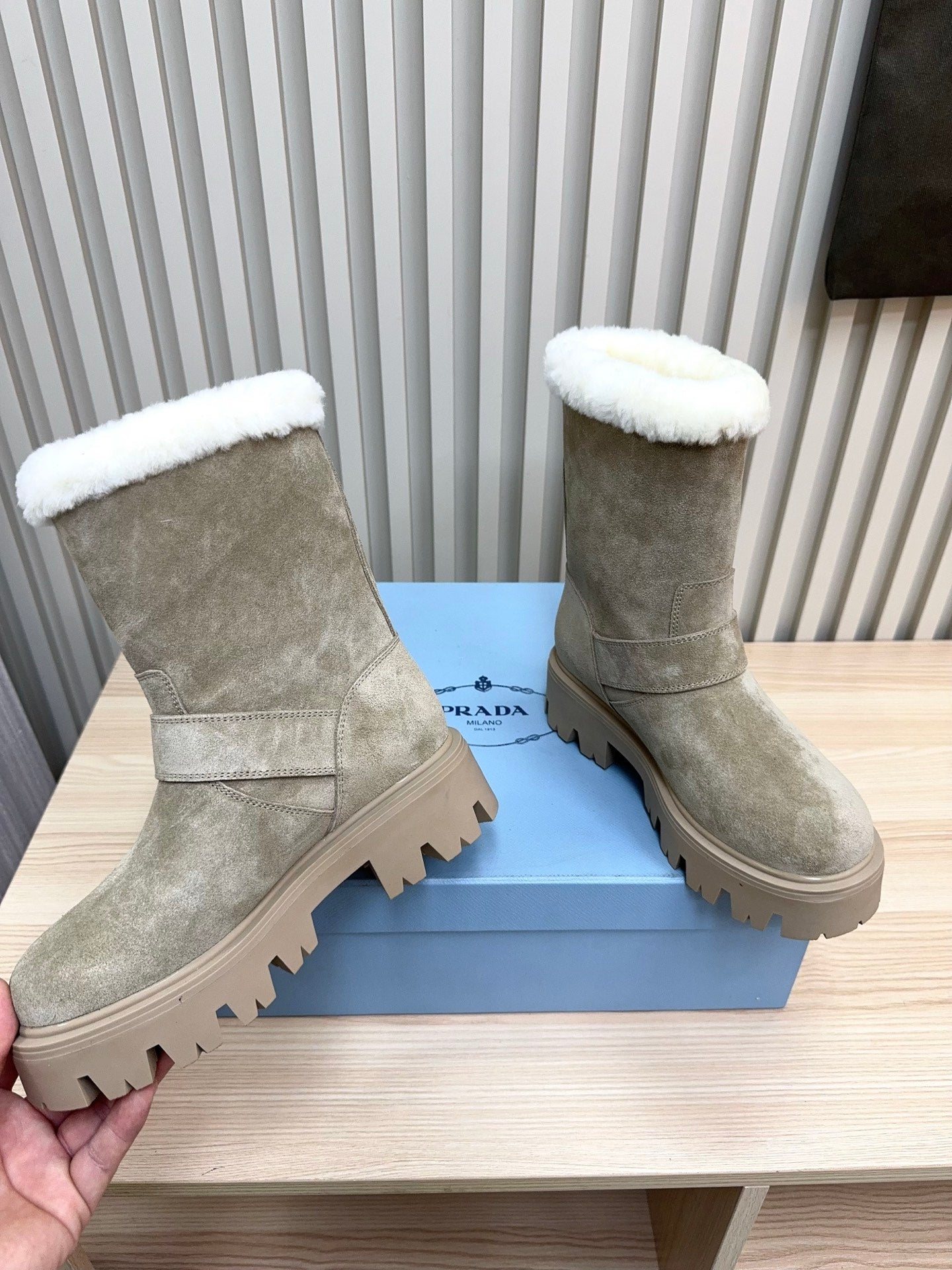 PRADA 25S MARTIN BOOTS IN BEIGE GRAY SUEDE FUR-LINED - 35