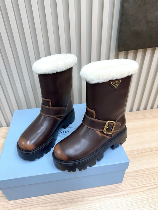 PRADA 25S MARTIN BOOTS IN DARK BROWN CALFSKIN FUR-LINED - 35