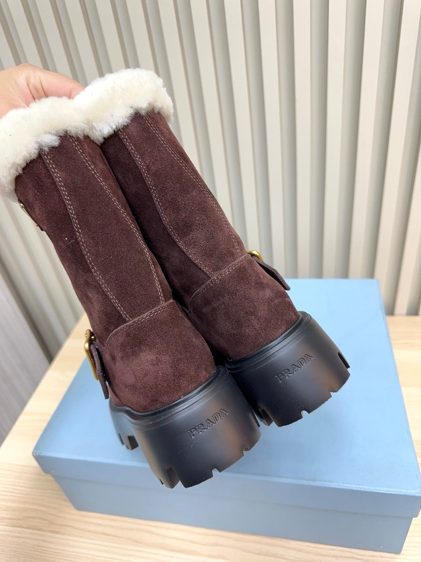 PRADA 25S MARTIN BOOTS IN DARK BURGUNDY BROWN SUEDE FUR-LINED - 35
