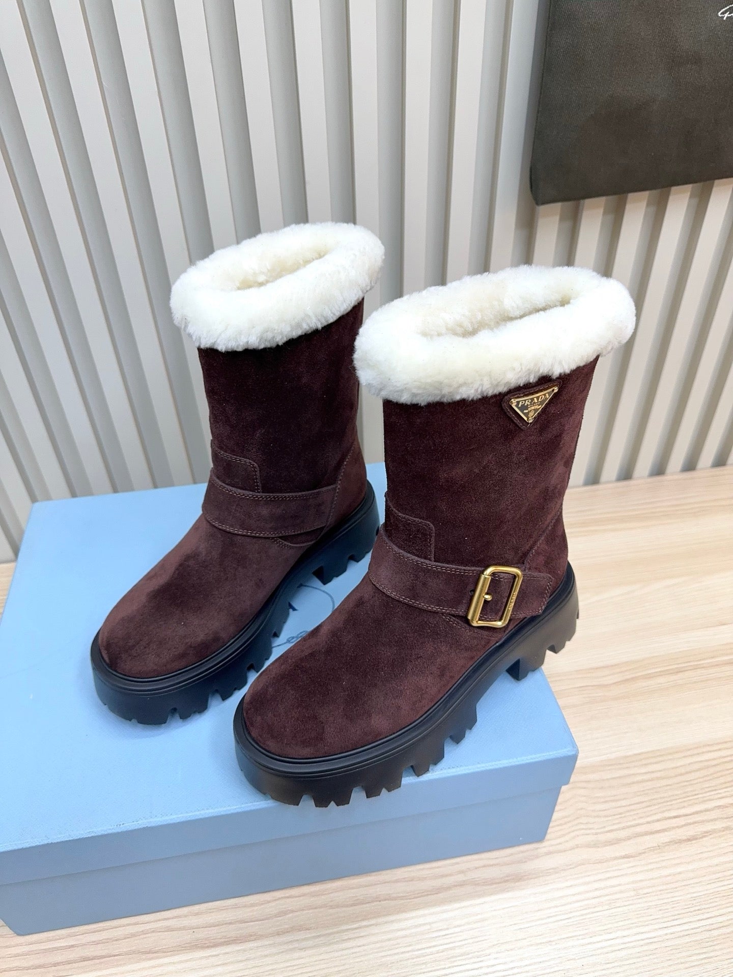 PRADA 25S MARTIN BOOTS IN DARK BURGUNDY BROWN SUEDE FUR-LINED - 35