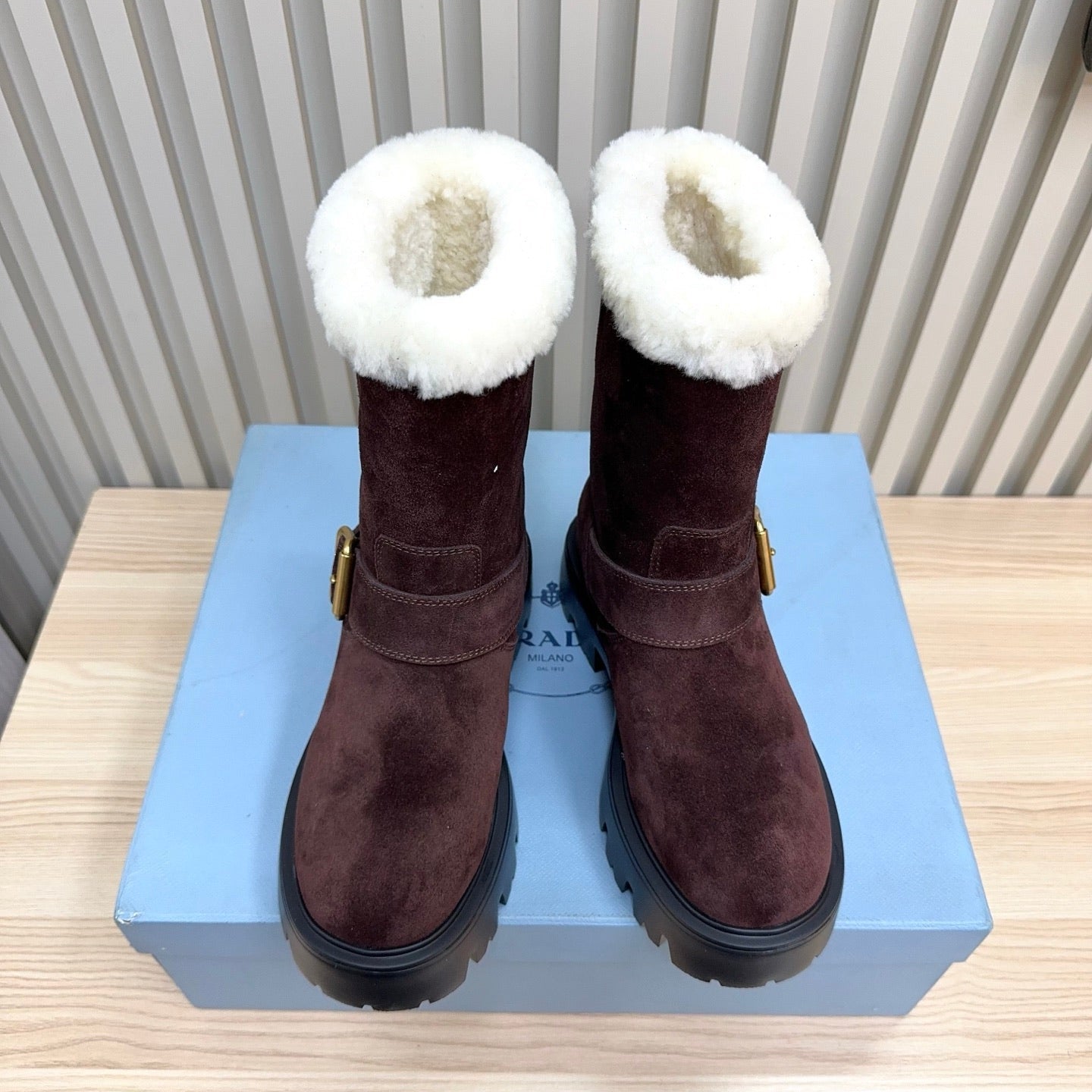 PRADA 25S MARTIN BOOTS IN DARK BURGUNDY BROWN SUEDE FUR-LINED - 35