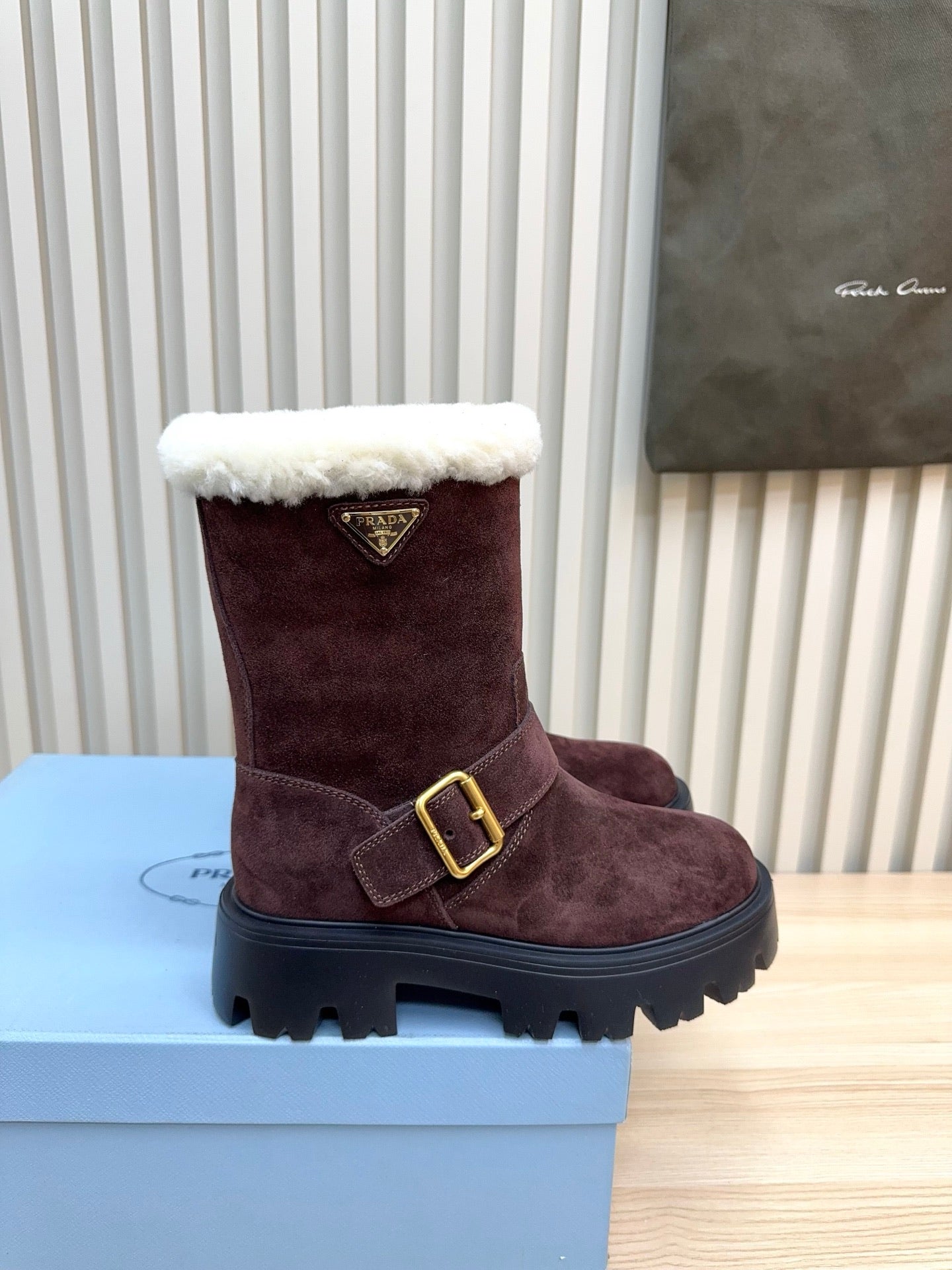 PRADA 25S MARTIN BOOTS IN DARK BURGUNDY BROWN SUEDE FUR-LINED - 35