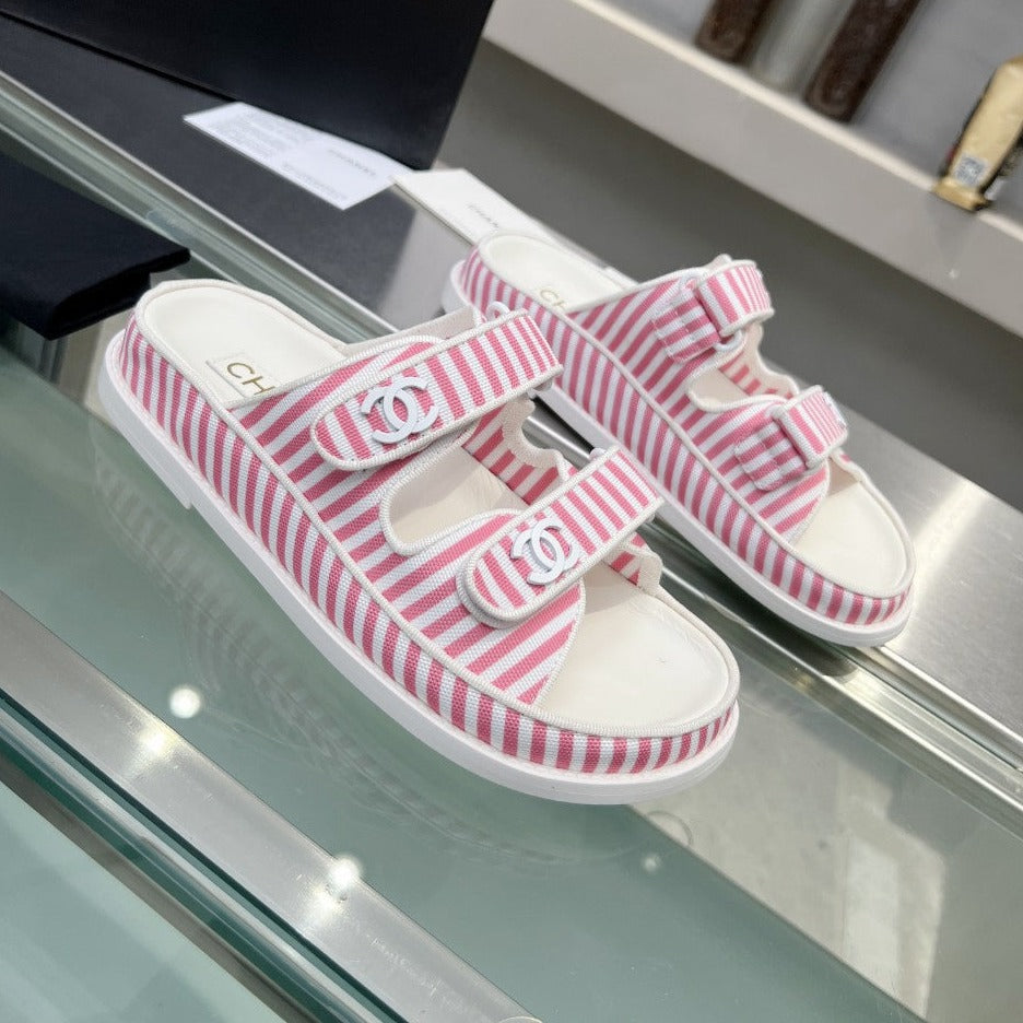 Stripes Casual  Flat Sandals Light Pink White - 34