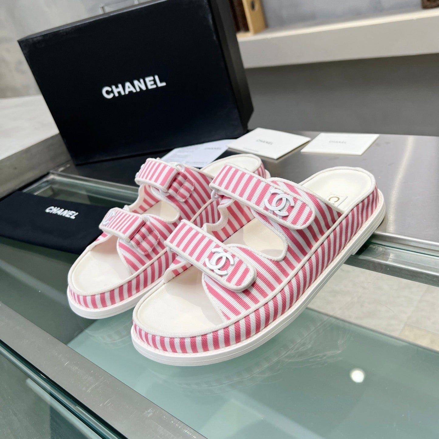 Stripes Casual  Flat Sandals Light Pink White - 34