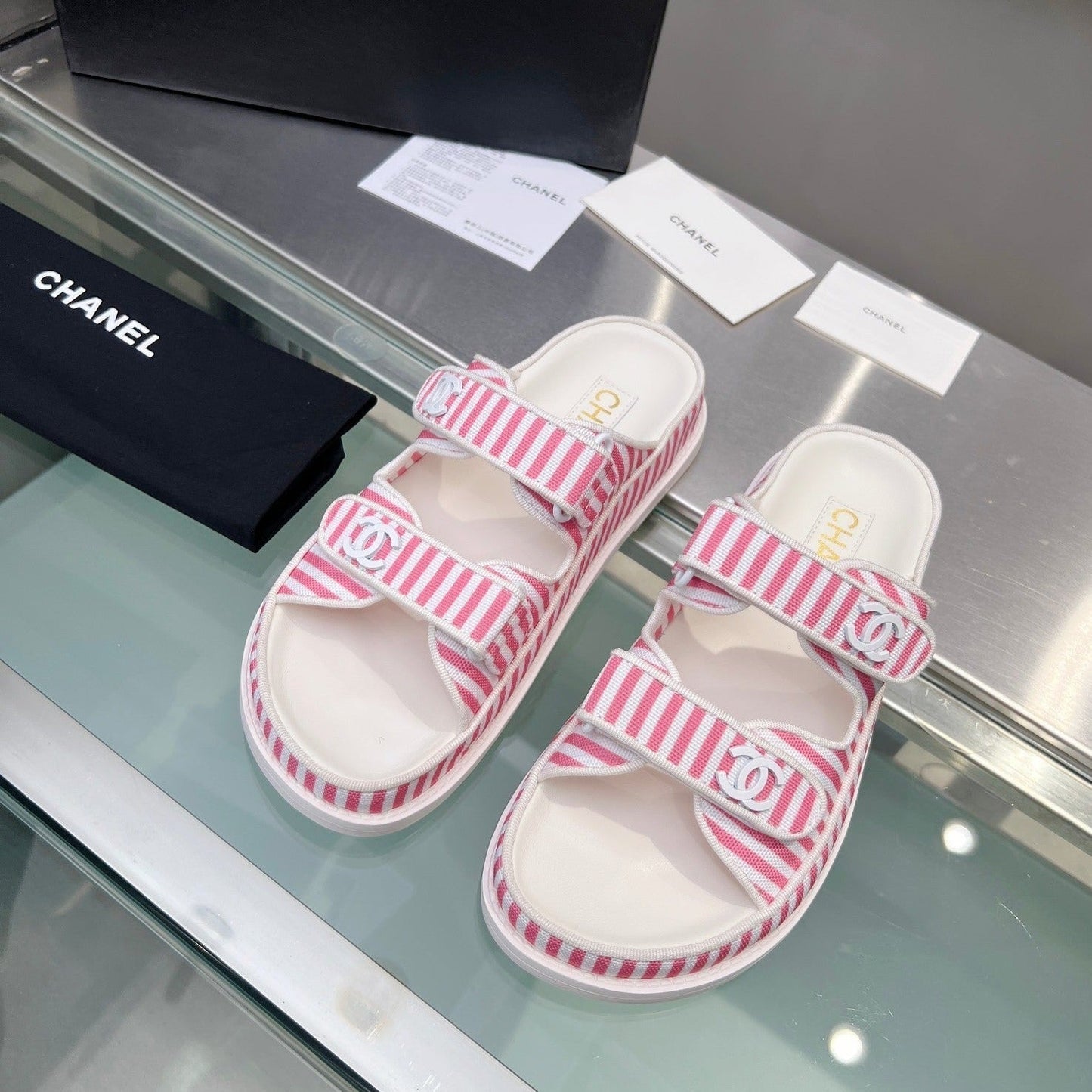 Stripes Casual  Flat Sandals Light Pink White - 34
