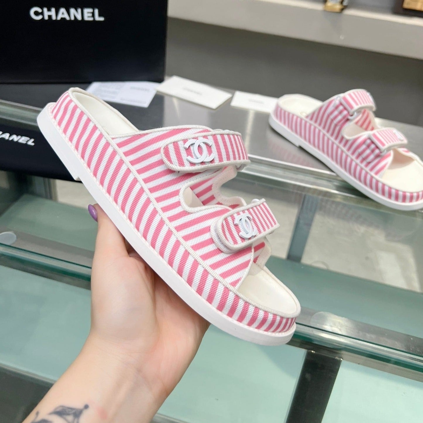 Stripes Casual  Flat Sandals Light Pink White - 34