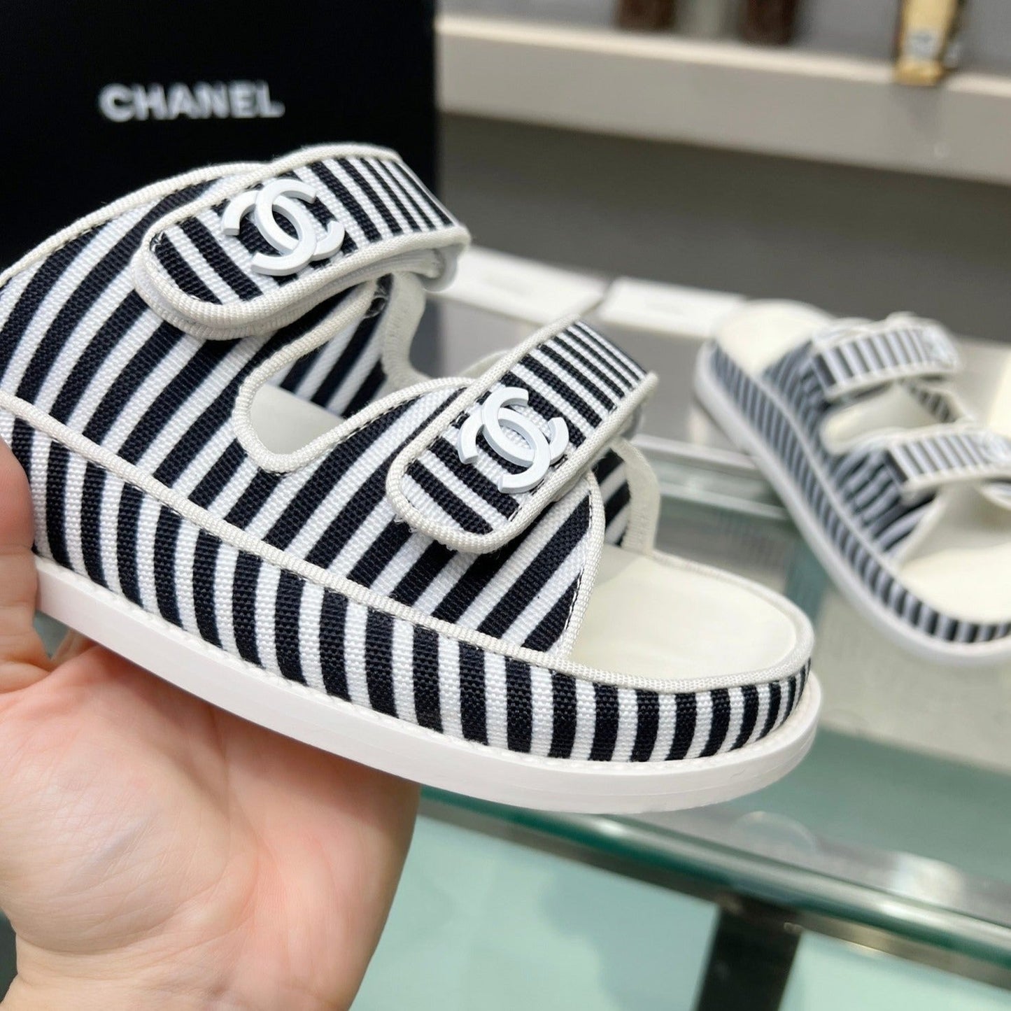 Women's Stripes Casual  Flat Sandals Black White - 34