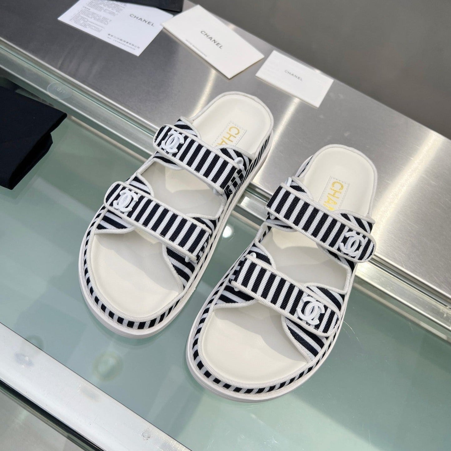 Women's Stripes Casual  Flat Sandals Black White - 34