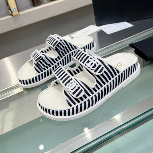 Women's Stripes Casual  Flat Sandals Black White - 34