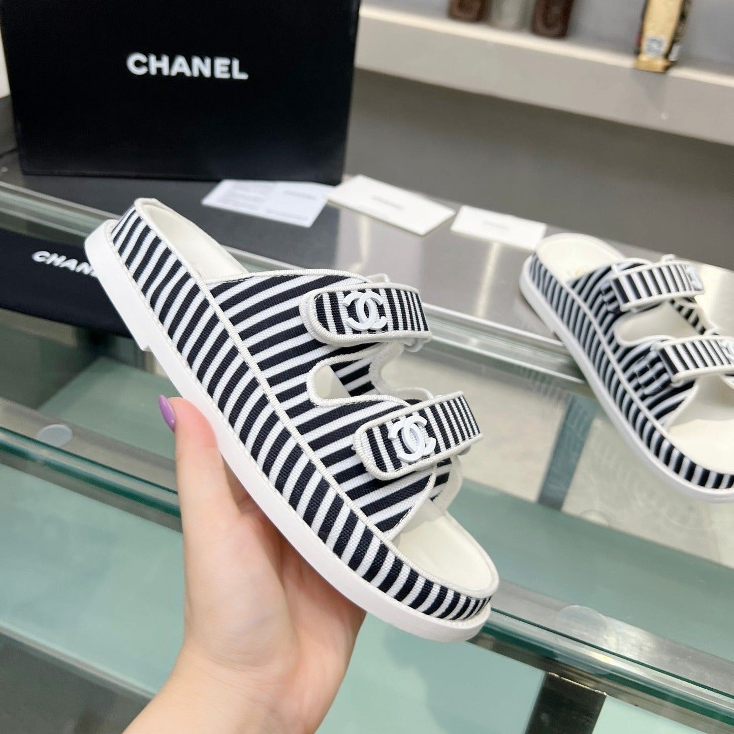Women's Stripes Casual  Flat Sandals Black White - 34