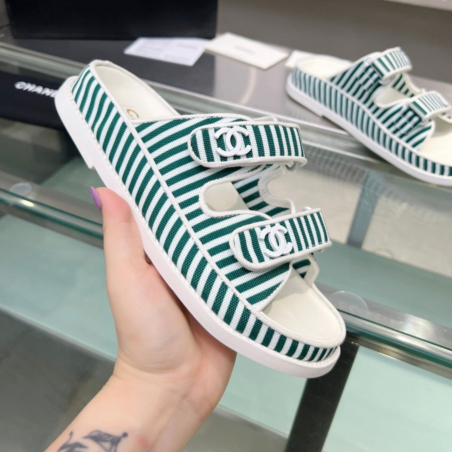 Stripes Casual  Flat Sandals Jade Green White - 34