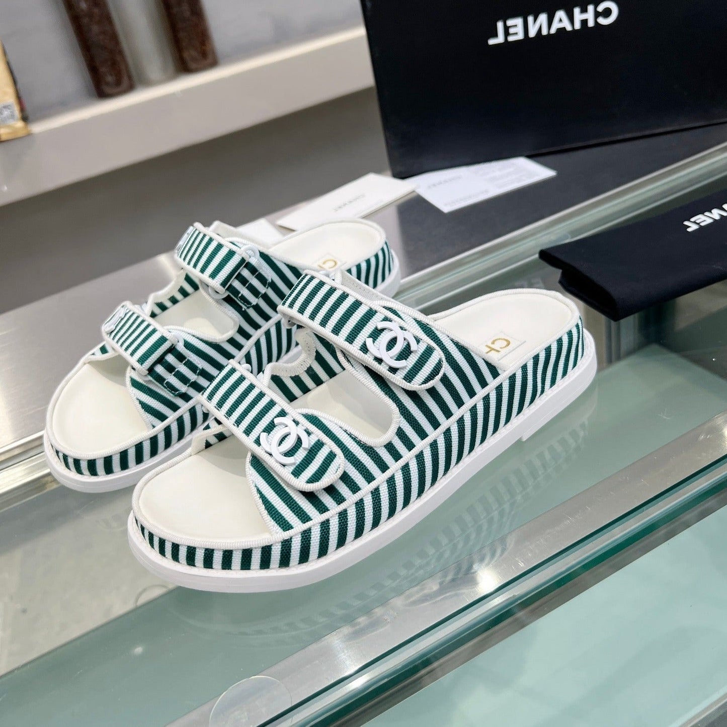 Stripes Casual  Flat Sandals Jade Green White - 34