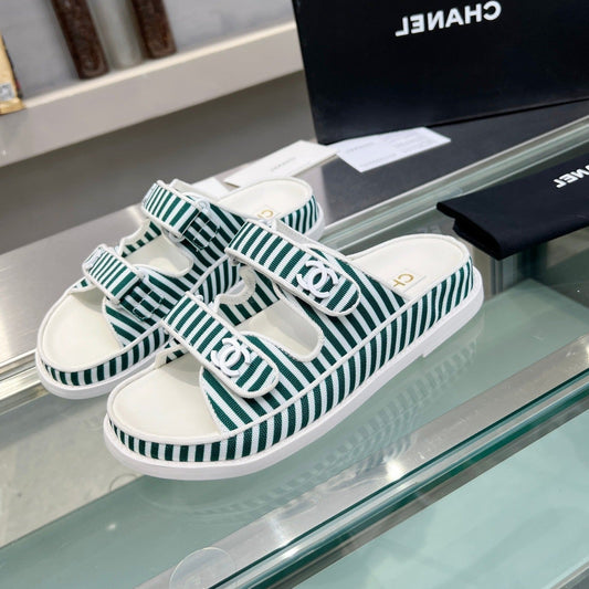 Stripes Casual  Flat Sandals Jade Green White - 34