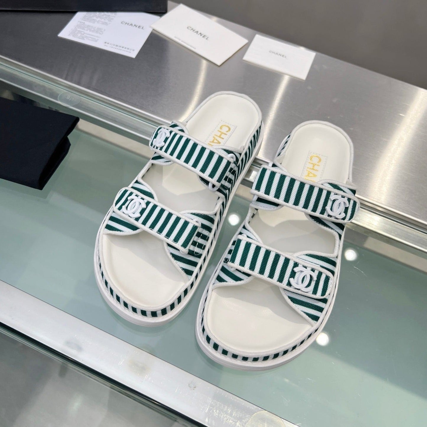 Stripes Casual  Flat Sandals Jade Green White - 34