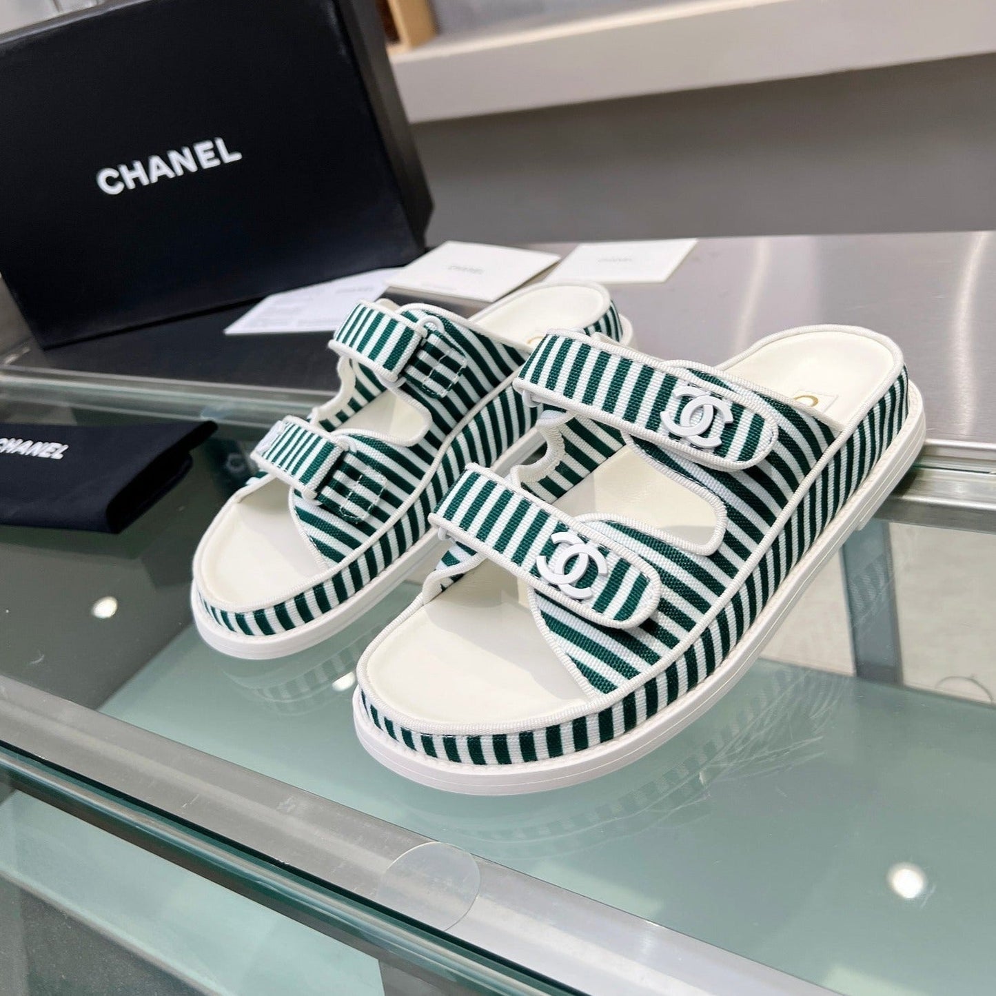 Stripes Casual  Flat Sandals Jade Green White - 34