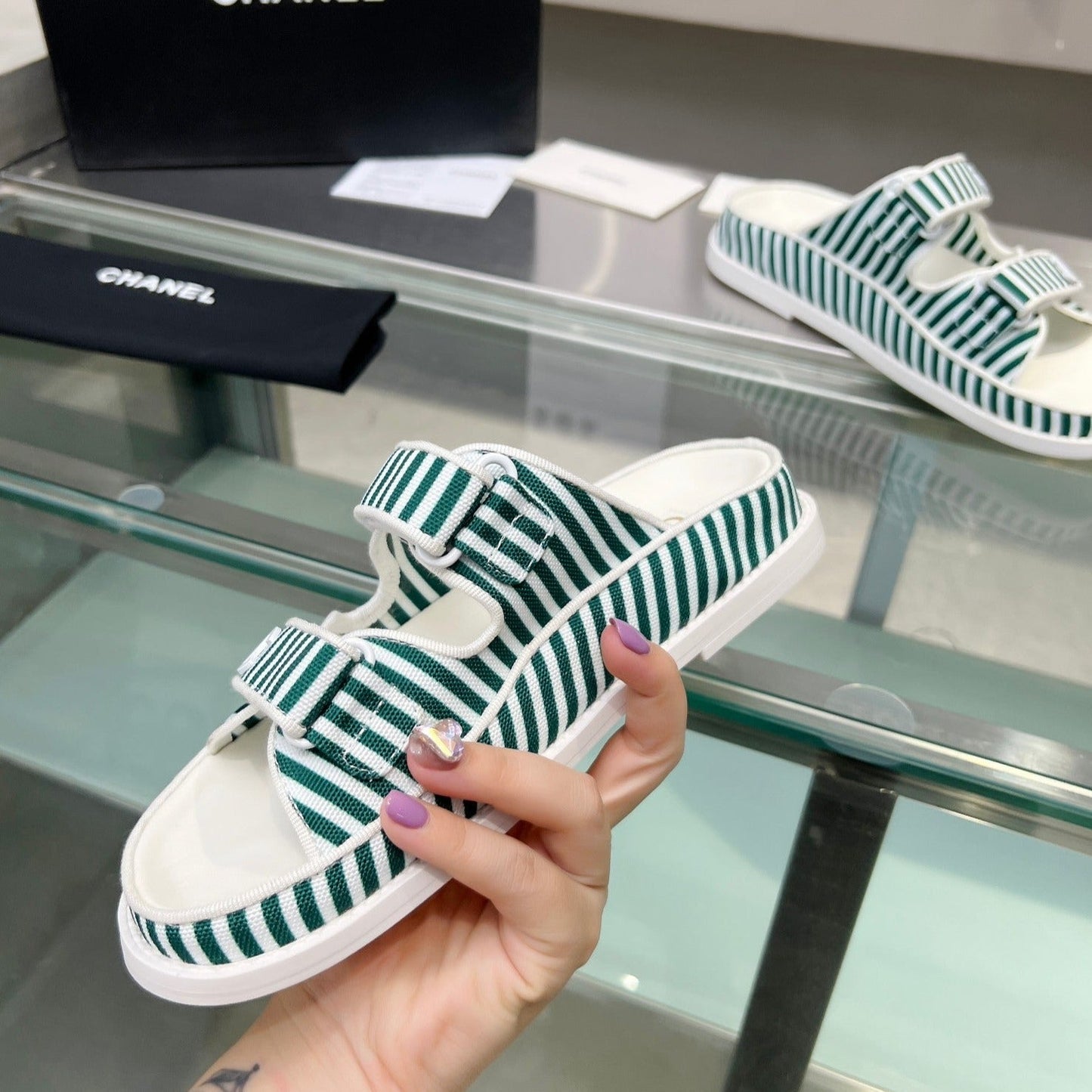 Stripes Casual  Flat Sandals Jade Green White - 34