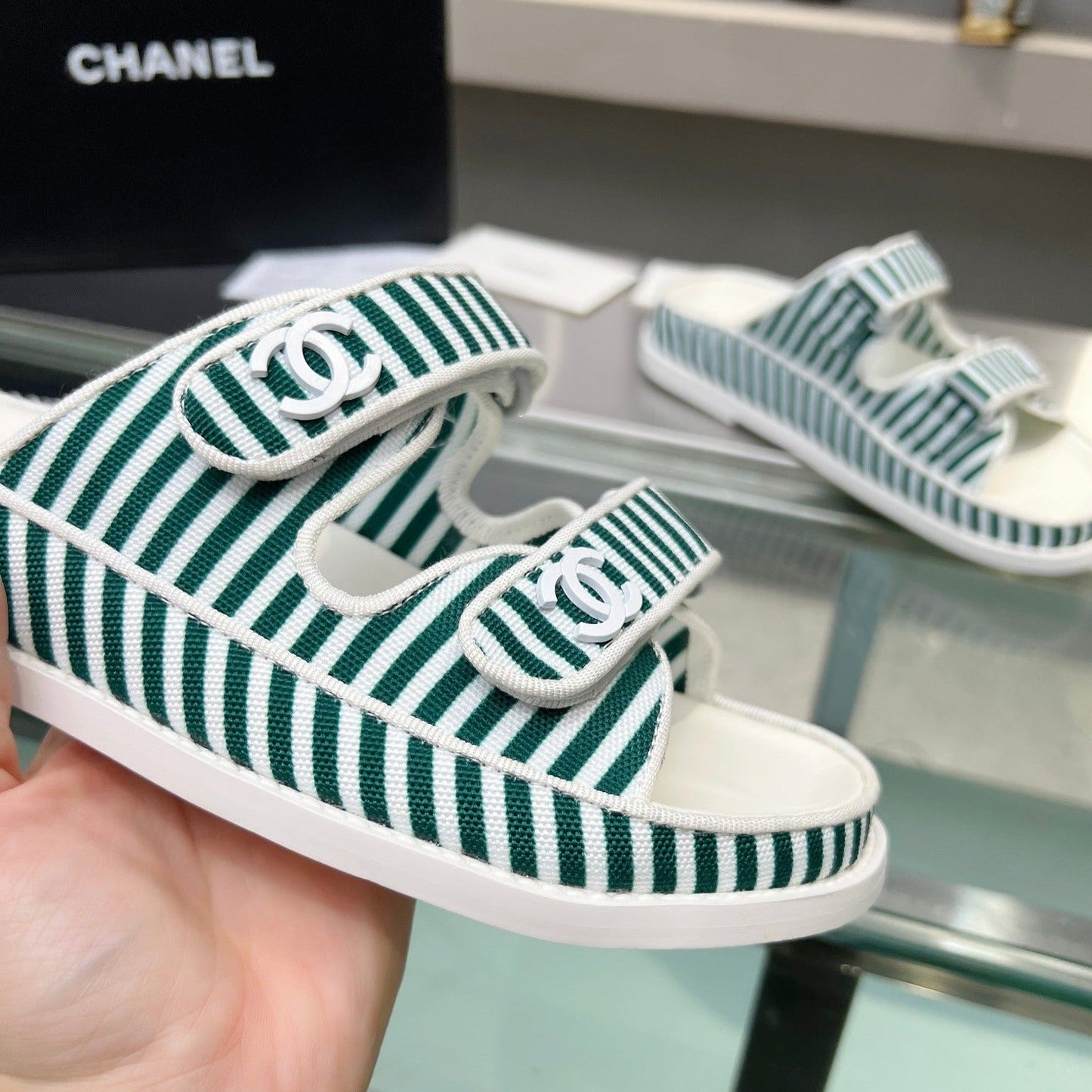 Stripes Casual  Flat Sandals Jade Green White - 34