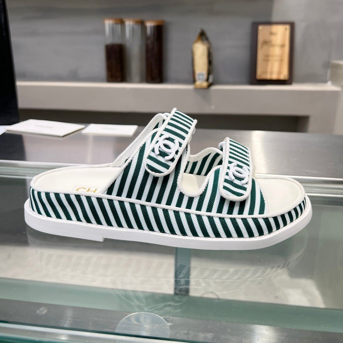 Stripes Casual  Flat Sandals Jade Green White - 34