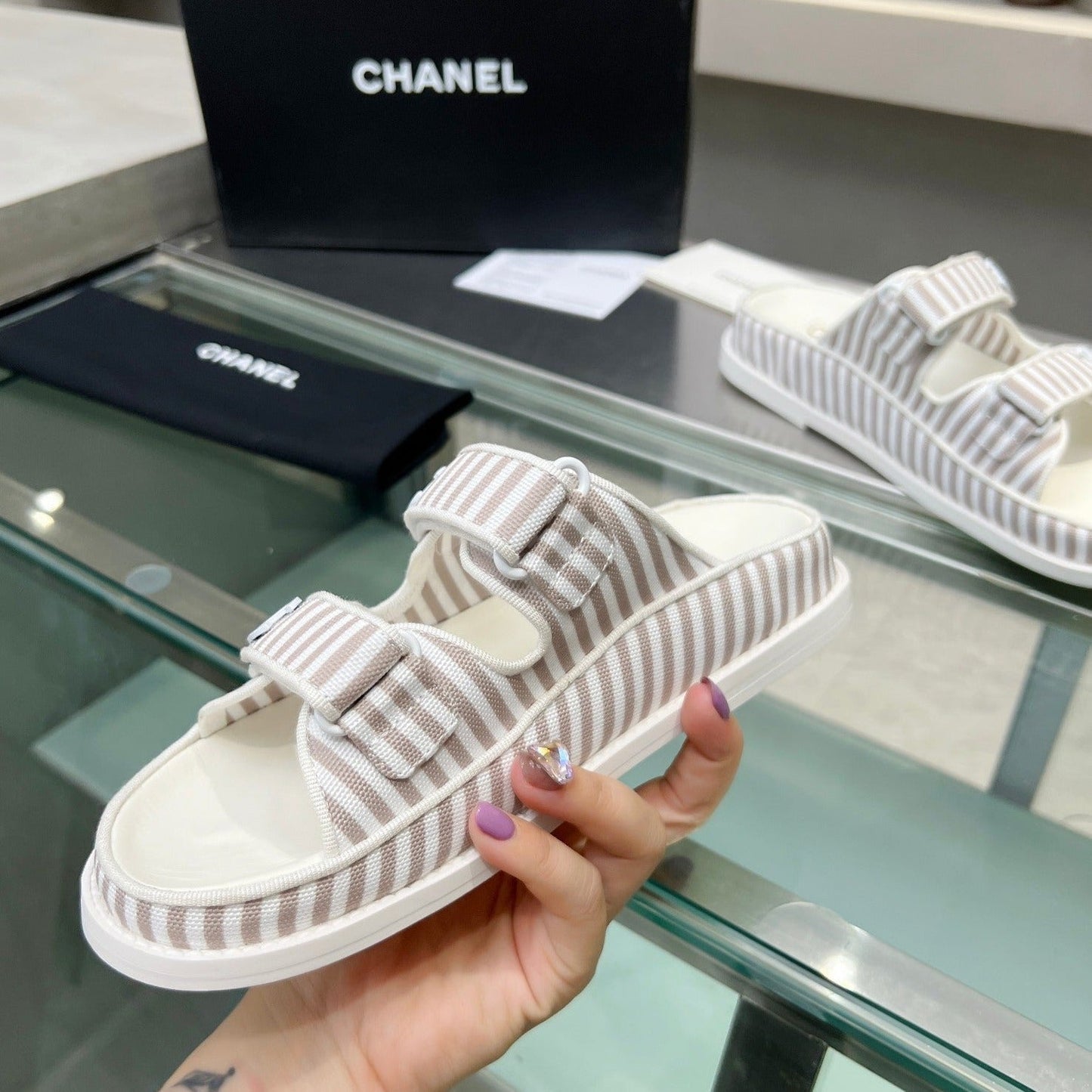 Stripes Casual  Flat Sandals Gray White - 34