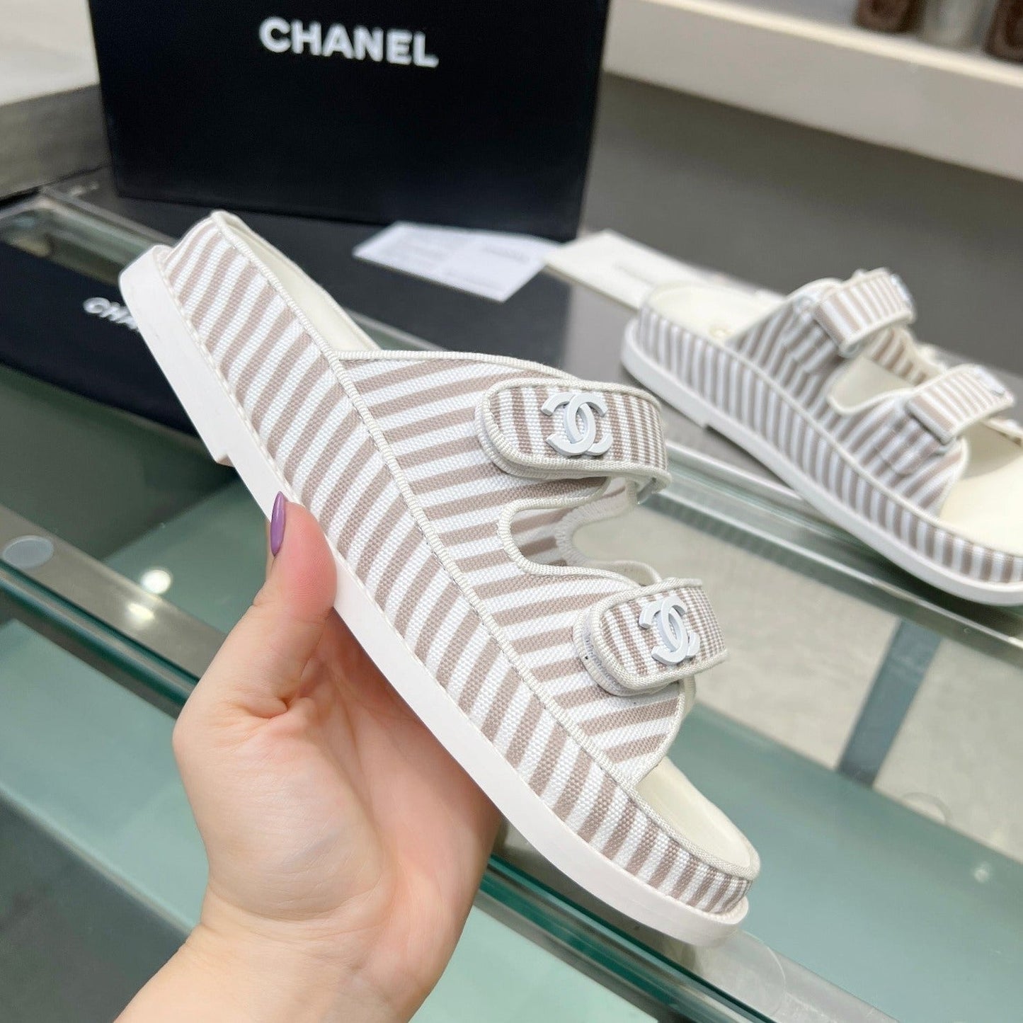 Stripes Casual  Flat Sandals Gray White - 34