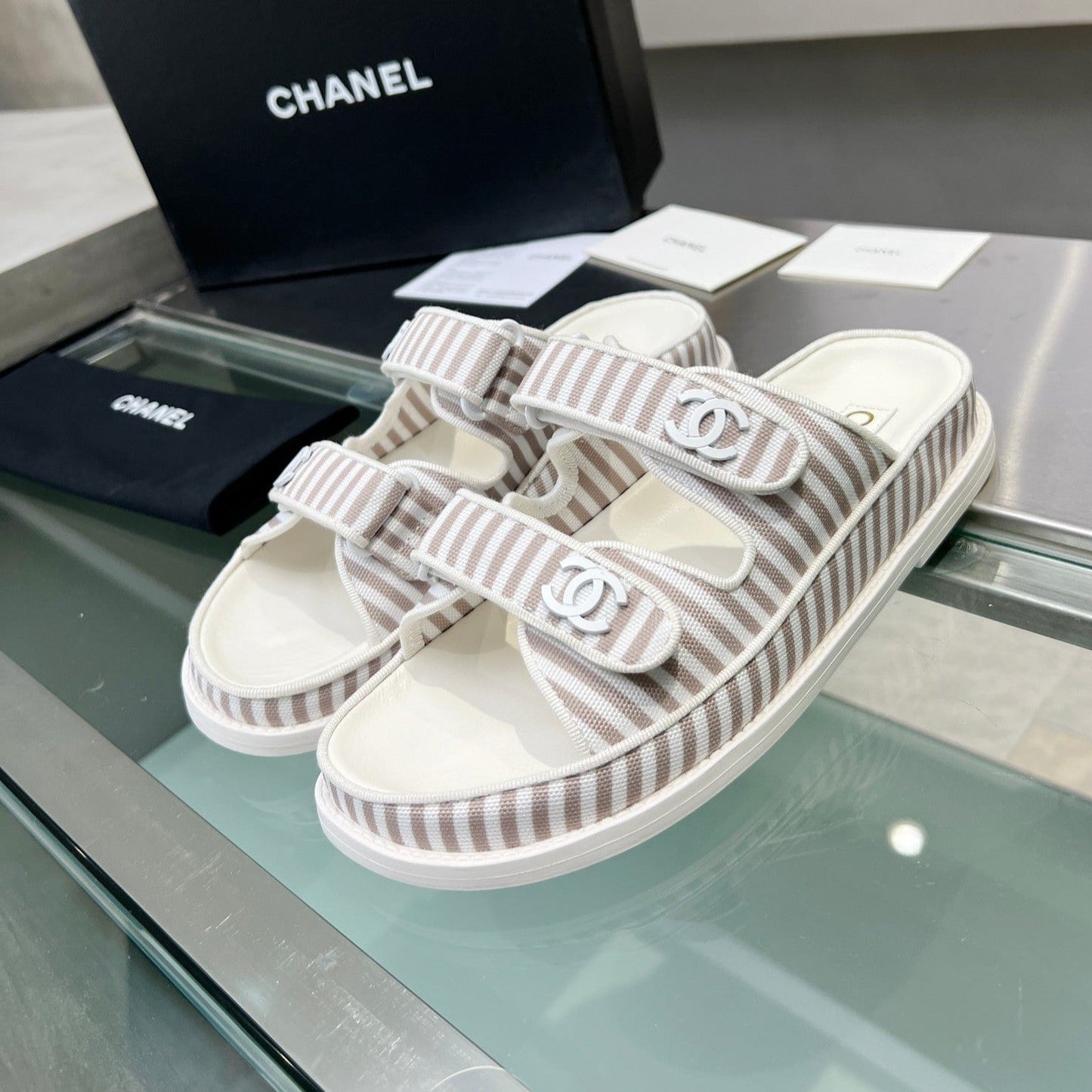 Stripes Casual  Flat Sandals Gray White - 34