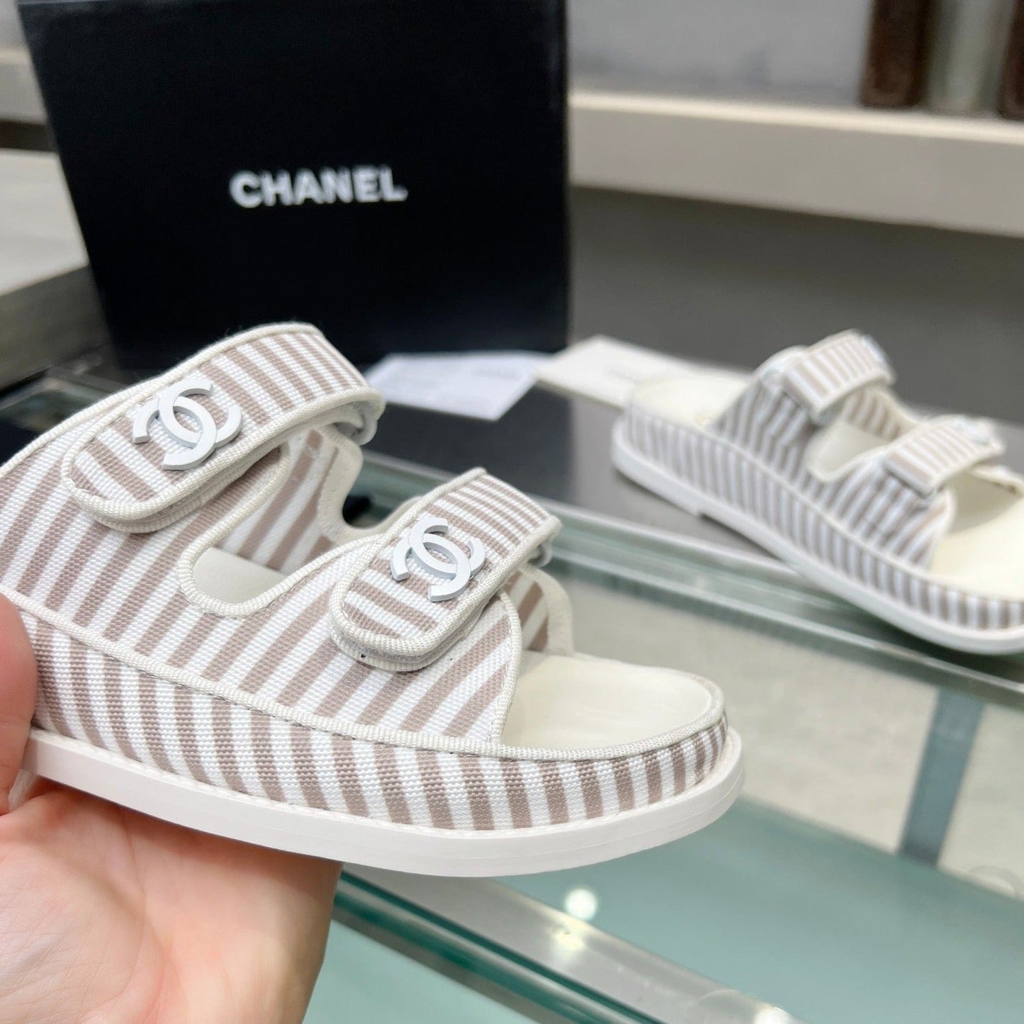 Stripes Casual  Flat Sandals Gray White - 34