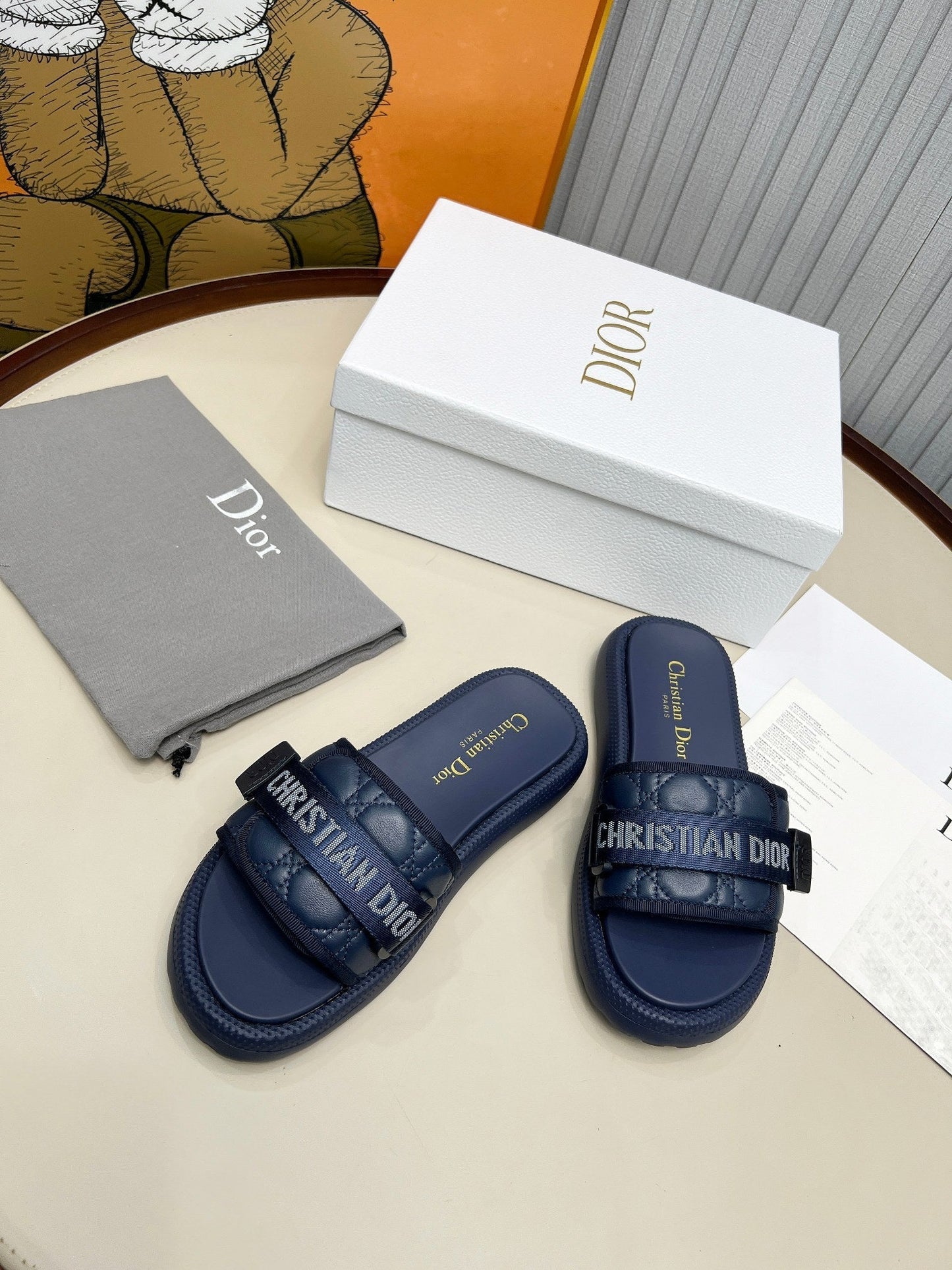 PLATFORM SLIDES 25S 50MM IN NAVY BLUE CALFSKIN AND ELECTRIC FABRIC - 35