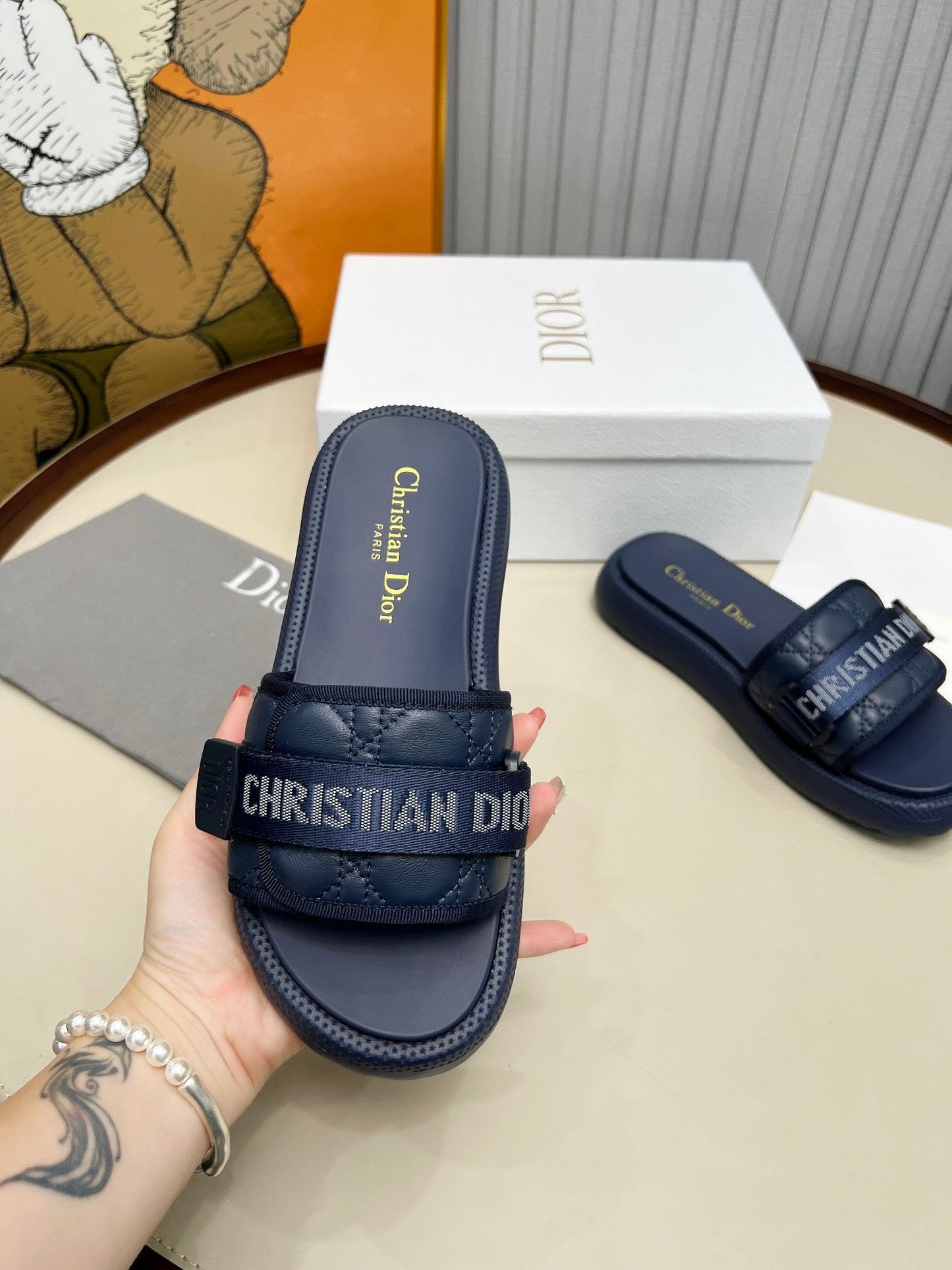 PLATFORM SLIDES 25S 50MM IN NAVY BLUE CALFSKIN AND ELECTRIC FABRIC - 35