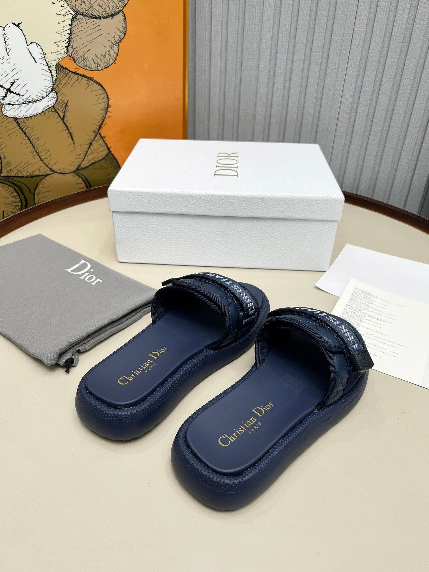 PLATFORM SLIDES 25S 50MM IN NAVY BLUE CALFSKIN AND ELECTRIC FABRIC - 35
