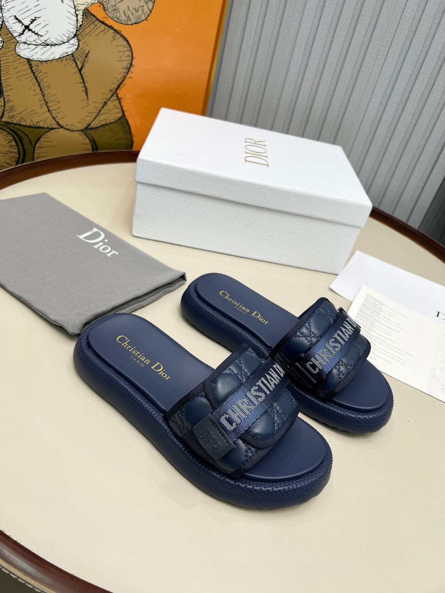 PLATFORM SLIDES 25S 50MM IN NAVY BLUE CALFSKIN AND ELECTRIC FABRIC - 35