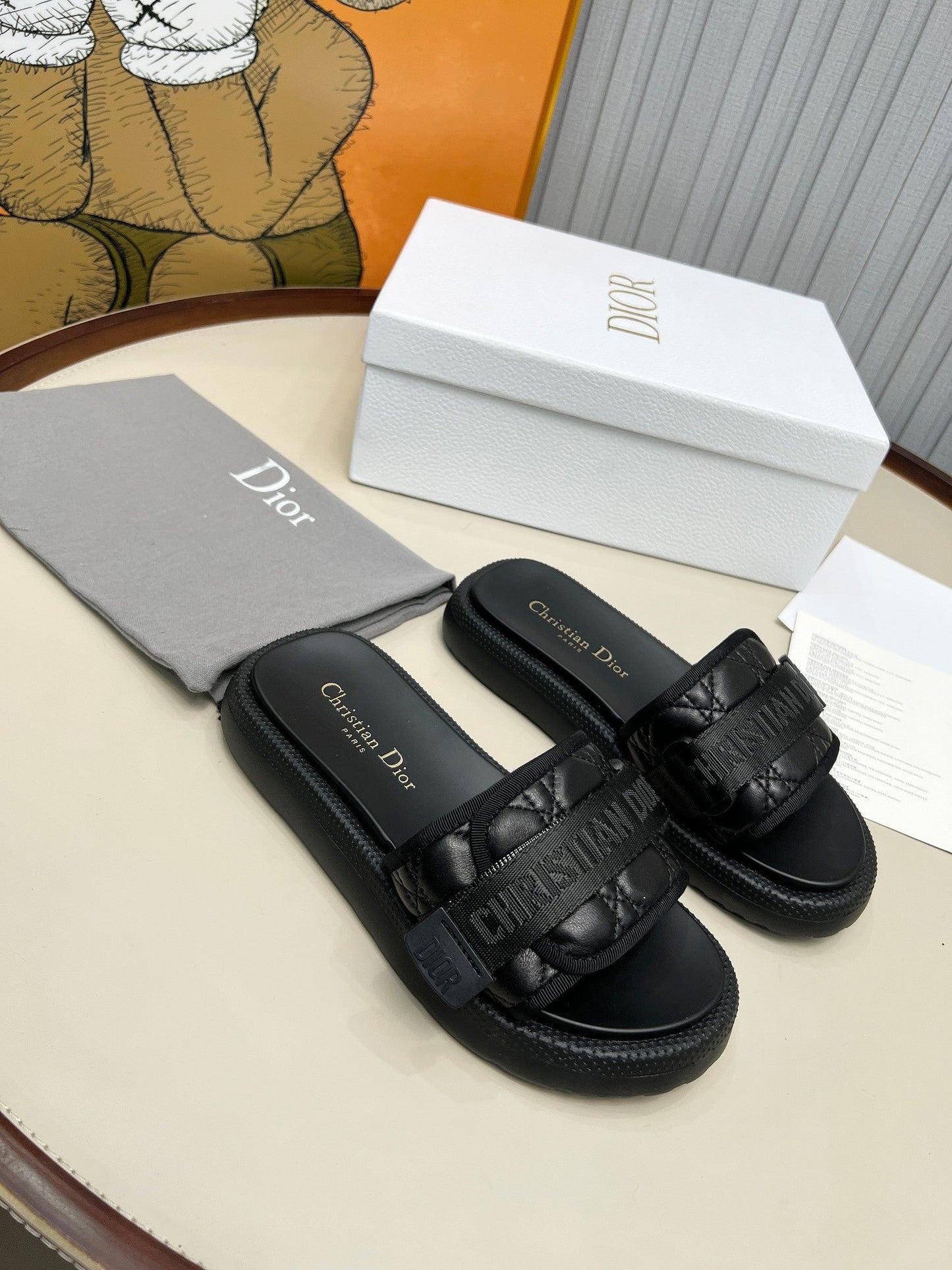 PLATFORM SLIDES 25S 50MM IN BLACK CALFSKIN AND ELECTRIC FABRIC - 35