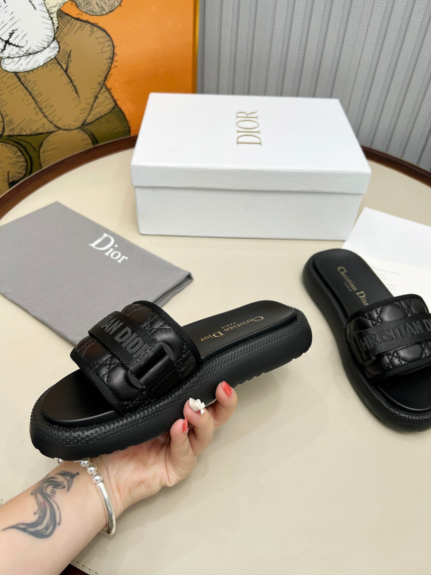 PLATFORM SLIDES 25S 50MM IN BLACK CALFSKIN AND ELECTRIC FABRIC - 35