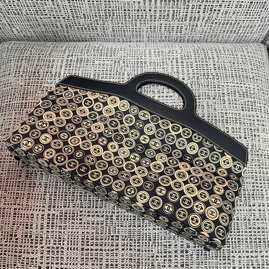 CHANEL 25S СУМКА-ШОПЕР 46 СМ ЧОРНА З БЕЖЕВИМ ПРИНТОМ ЛОГОТИПУ НА ПОЛОТНІ