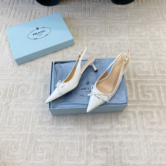 SLINGBACK PUMPS ATTACHED BOW IN WHITE GLOSSY CALFSKIN - 35