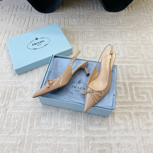 SLINGBACK PUMPS ATTACHED BOW IN BEIGE GLOSSY CALFSKIN - 35