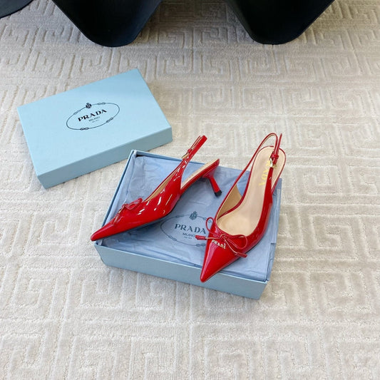SLINGBACK PUMPS ATTACHED BOW IN PASSION RED GLOSSY CALFSKIN - 35