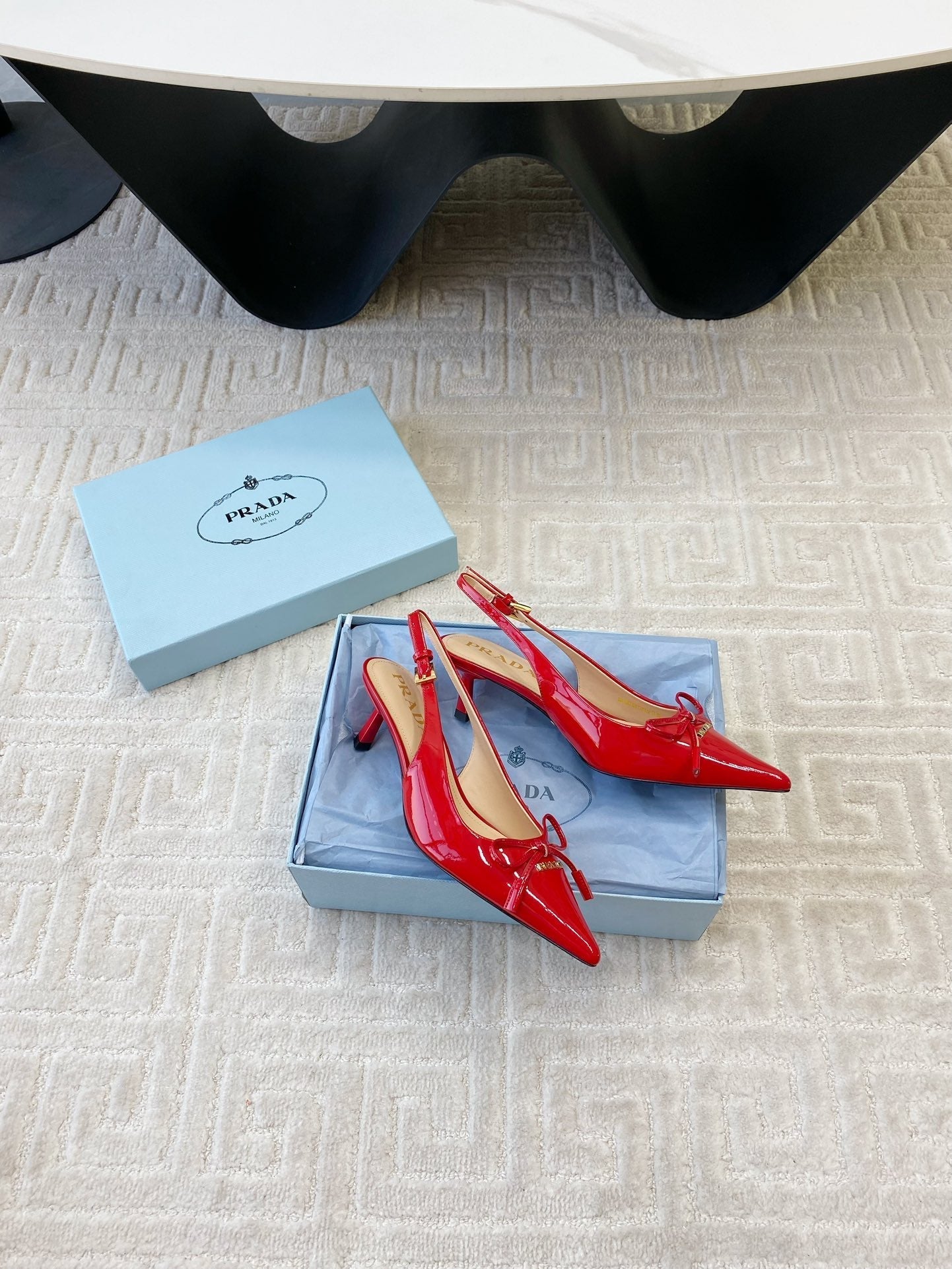 SLINGBACK PUMPS ATTACHED BOW IN PASSION RED GLOSSY CALFSKIN - 35
