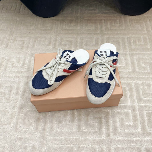 SNEAKER MULES IN NAVY MESH AND BEIGE SUEDE - 35