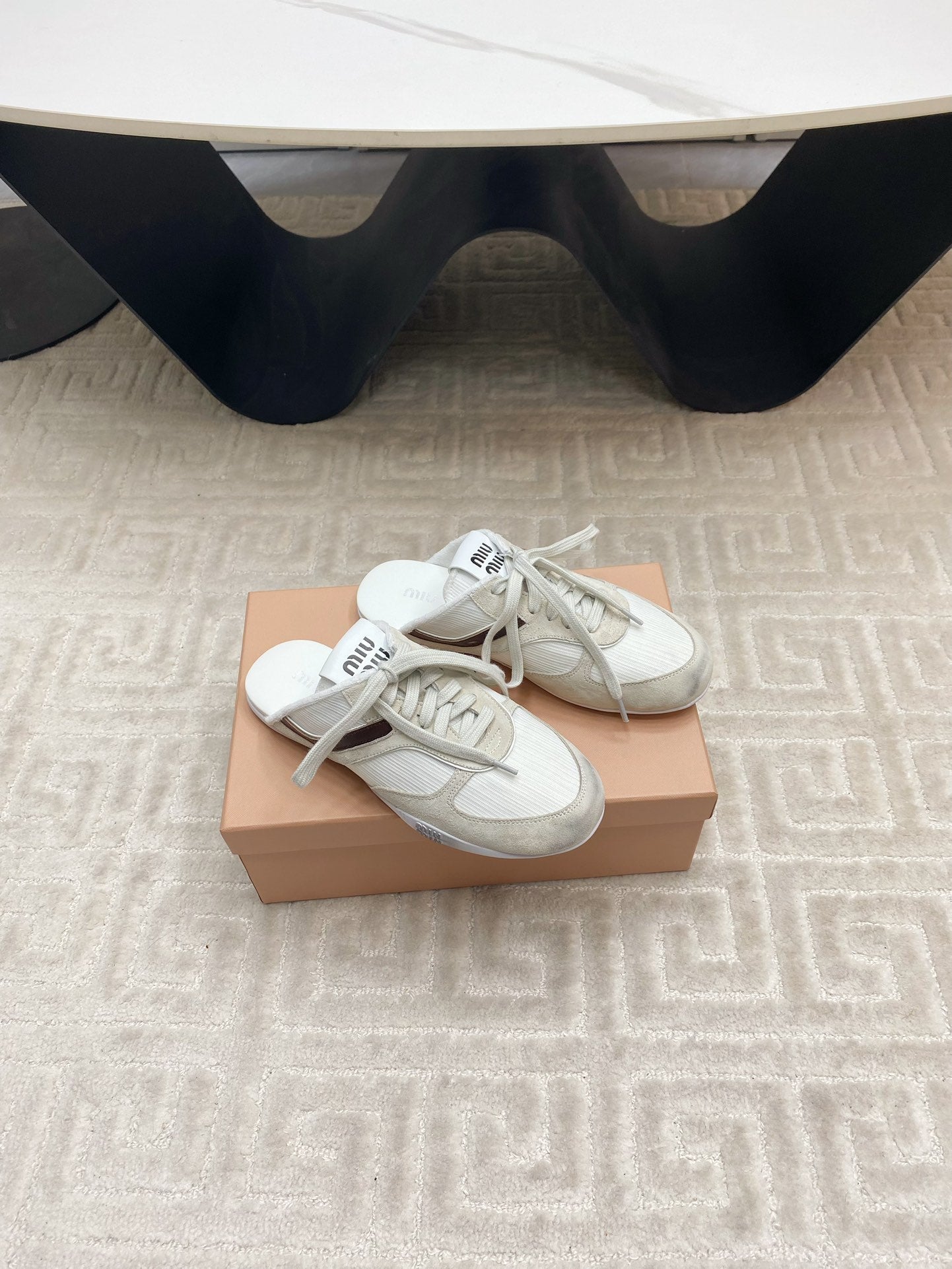 SNEAKER MULES IN WHITE MESH AND BEIGE SUEDE - 35