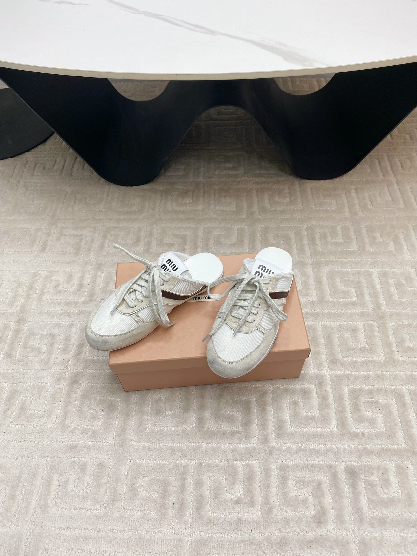 SNEAKER MULES IN WHITE MESH AND BEIGE SUEDE - 35
