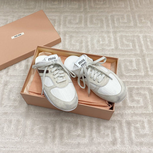 SNEAKER MULES IN WHITE MESH AND BEIGE SUEDE - 35