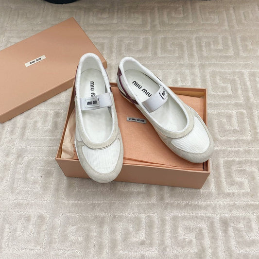 BALLET FLAT SHOES IN WHITE MESH AND BEIGE SUEDE - 35