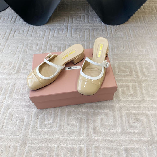 MARY JANE MULE PUMPS IN BEIGE GLOSSY SHEEPSKIN - 35